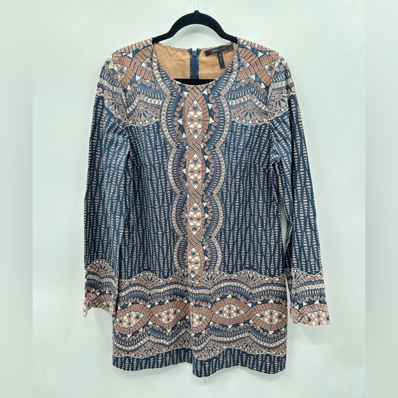 BCBG MAXAZRIA Alina woman cotton 70's bohemian hippie mini blue shift dress L - Picture 2 of 14